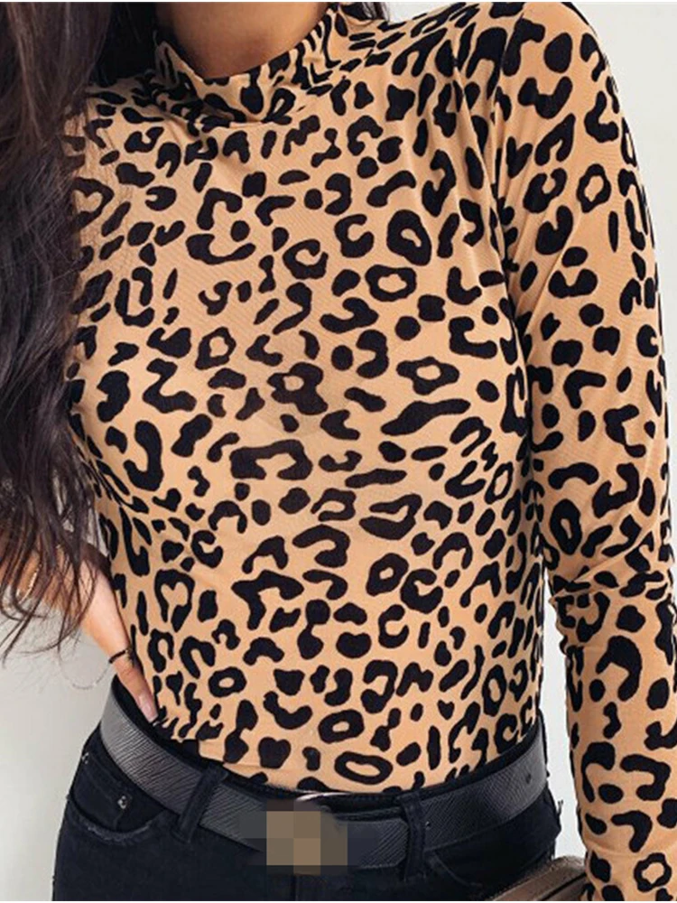 Women Blouses Fashion Leopard Print Turtle Neck Blouse Autumn Long Sleeve Shirts Party Ladies Clothes Womens Blouses And Tops