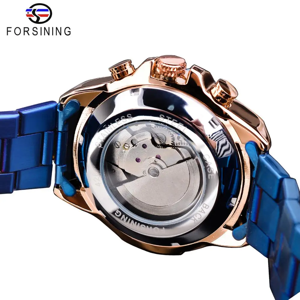 Forsining Rose Golden Case Bluesteel 3 Dial Multifunction Mens Business Sport Automatic Mechanical Wrist Watch Top Brand Luxury