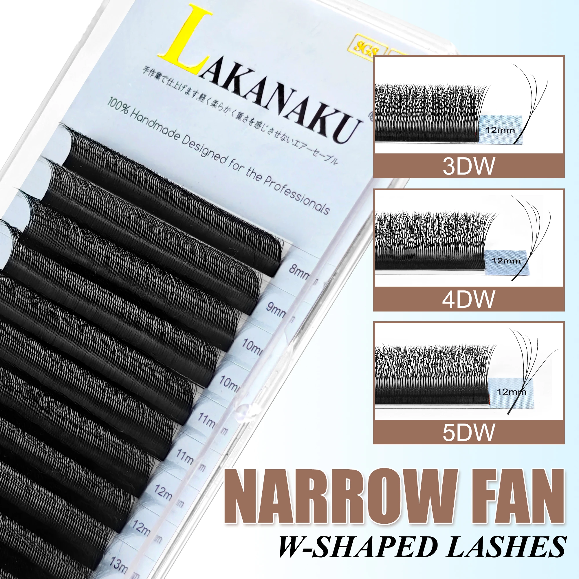 LAKANAKU 5 Trays Narrow 3D/4D/5D W Eyelashes Extension Premade Fans W Shaped Soft Matte Black Easy Pick Up False Lashes
