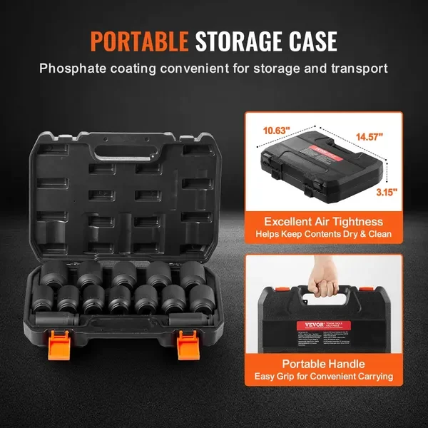 Achsmutter-Schlagsteckschlüsselsatz 1/2' Antrieb tief 6+12-Punkt 14PCS metrische Steckschlüsseleinsätze