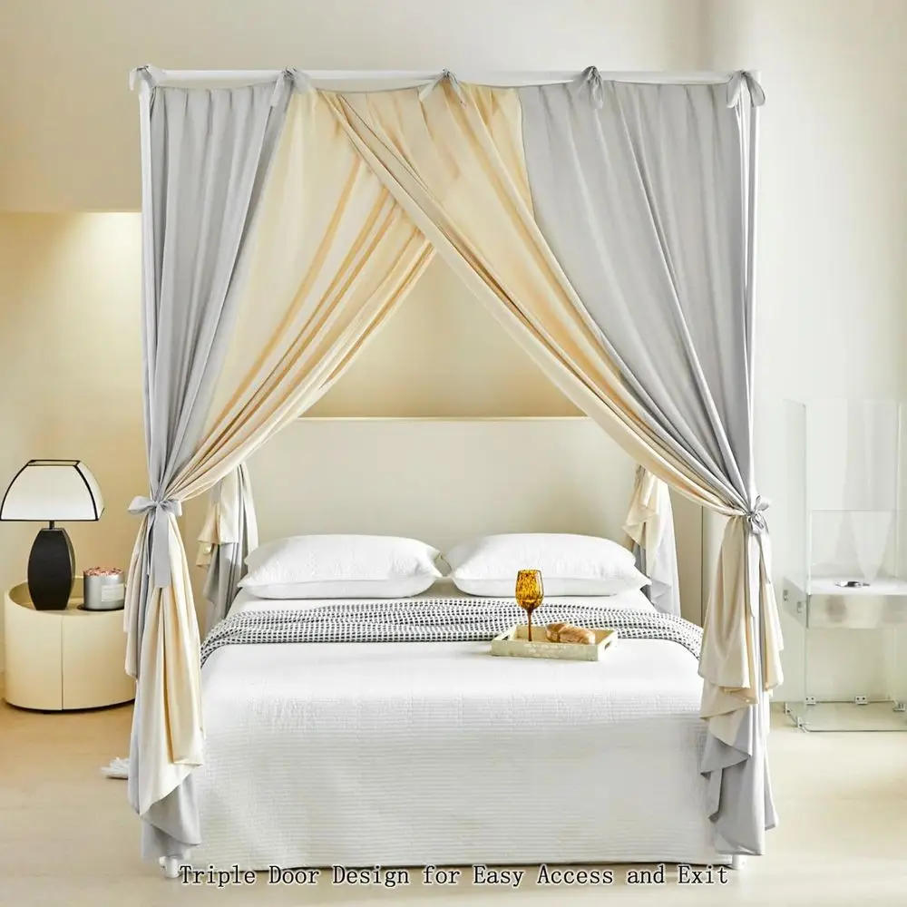 Elegant Canopy Curtains with Ties for King Beds - Soft Drapes for Privacy and Style in Gray/Khaki
