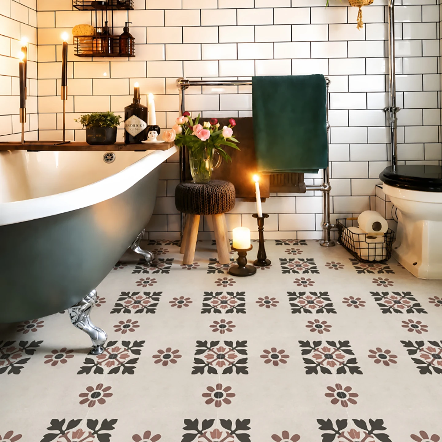 Vintage Floral Tile Stickers, European Style Peel and Stick Tiles, Self Adhesive Waterproof Backsplash Decals for Kitchen Floor