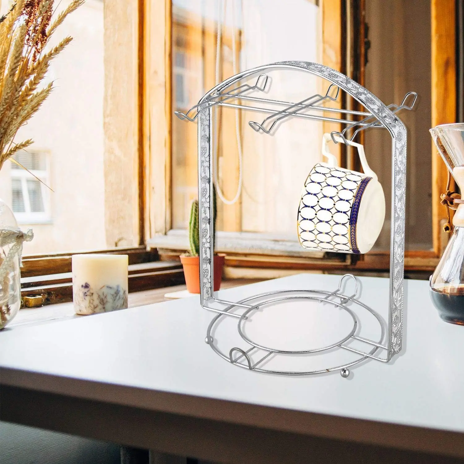 1Pcs Keramik Kaffee Tasse Halter Sechs Tassen Untertasse Tassen Silber Tasse Halter Kreative Geschnitzte Rand Tasse Lagerung Rack für küche Restaurant Esstisch