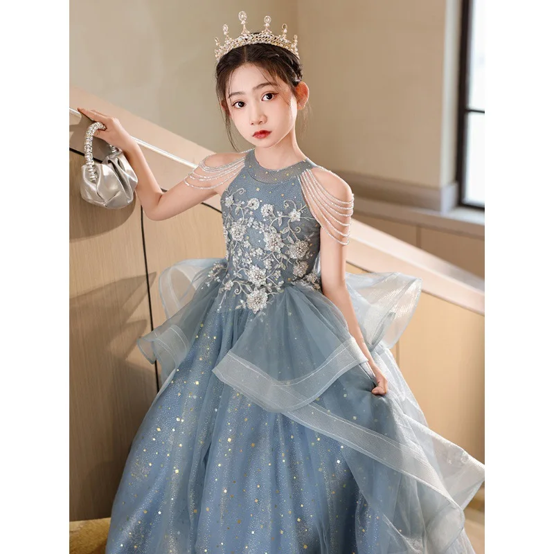 Luxurious blue Flower Sequin bead halter Sleeveless girl Dresses kids dance party dress For Weding Birthday Banquet Long Gown