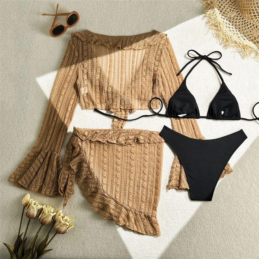 10 Farben, mit Sarong, langärmeliges Bikini-Oberteil, Damen-Badebekleidung, Damen-Badeanzug, vierteiliges Bikini-Set, Badeanzug, Badebekleidung, Modell V6338E. – Detail 34