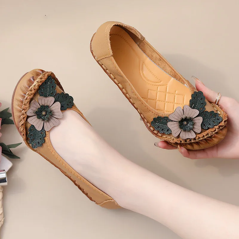 Retro Floral Luxury Shoes Women Genuine Leather Summer Flats Size 41 Ladies Concise Handmade Leather Moccasins Female Loafer