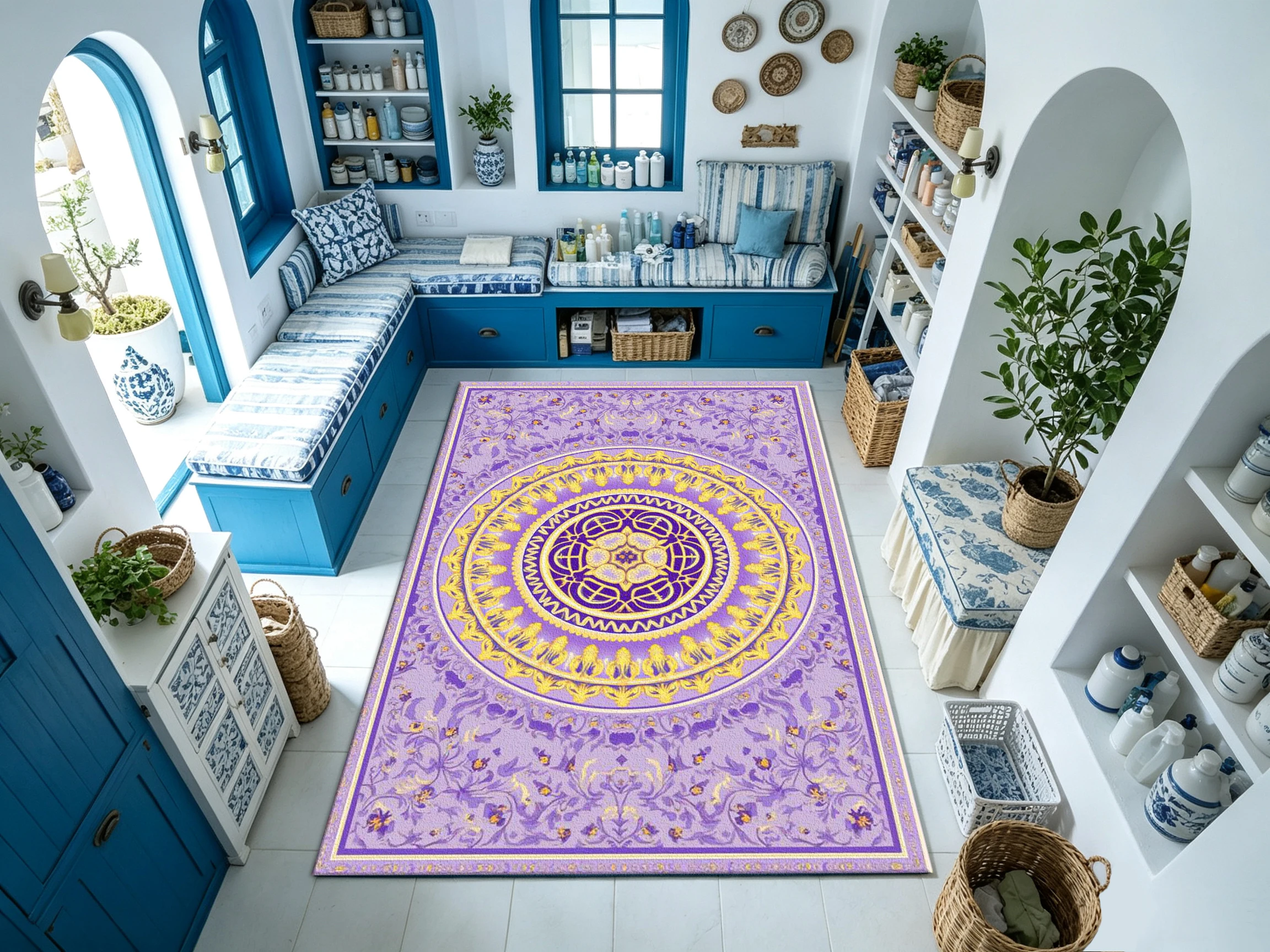 Luxurious Purple and Gold Mandala Carpet Floor Decoration with Exquisite Patterns, Suitable for Living Room and Bedroom Home Decor