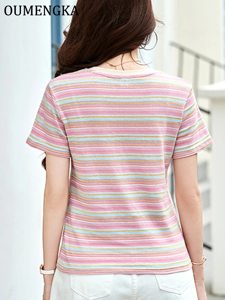 OUMENGKA Summer Round Neck Short Sleeve Colorful Striped Knitted Casual Women's Cotton T-Shirt Loose Sweet Tops