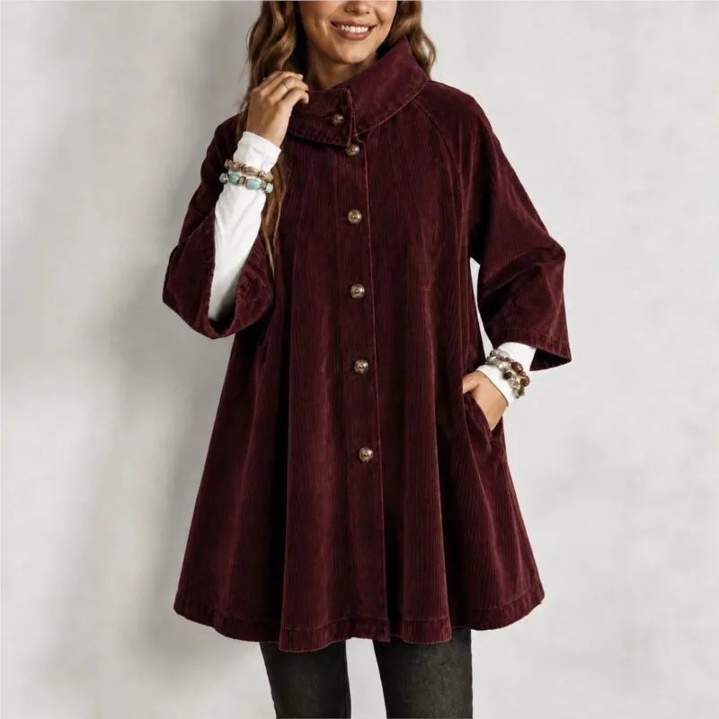 Women Stand Collar Corduroy Coat 3/4 Sleeve Single Breasted A Line Loose Mid Length Jacket Casual Lady Autumn Fashion Outerwear
