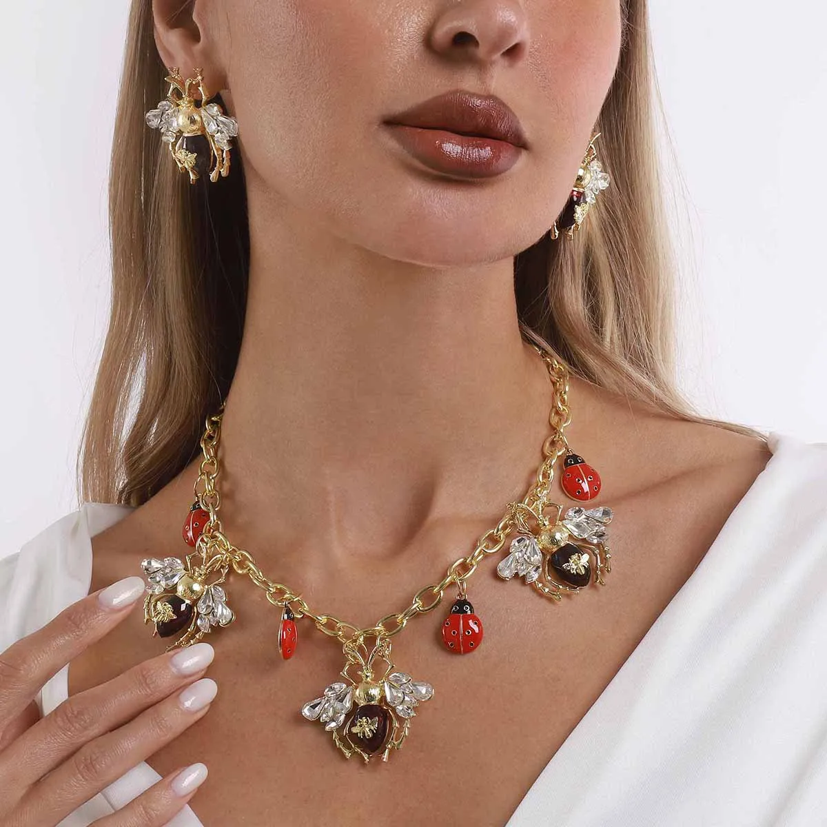 E14446 Vintage Heavy Industry Diamond-encrusted Insect Earrings Baroque Exaggerated Oil Dripping Ladybug Animal Pendant Necklace