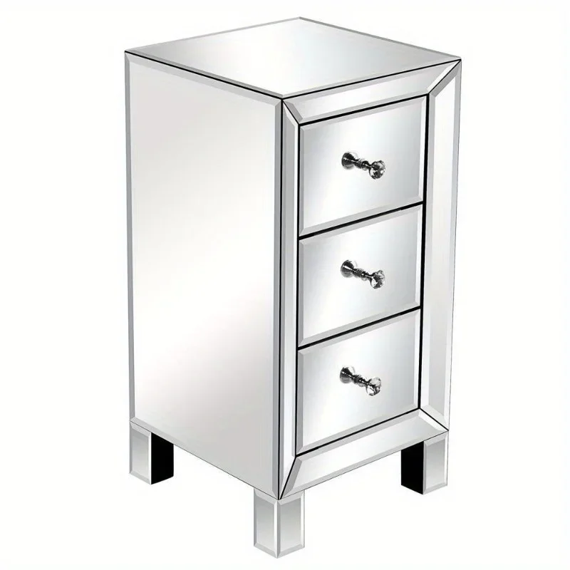 Mirrored Nightstand with 3 Drawer Modern Silver Finished End Bedside Table