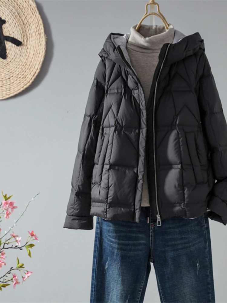 Women Thin Style Ultra Light White Duck Down Jacket With Hood 2023 New Autumn Winter Outwear Casual Loose Fashion Warm Coat