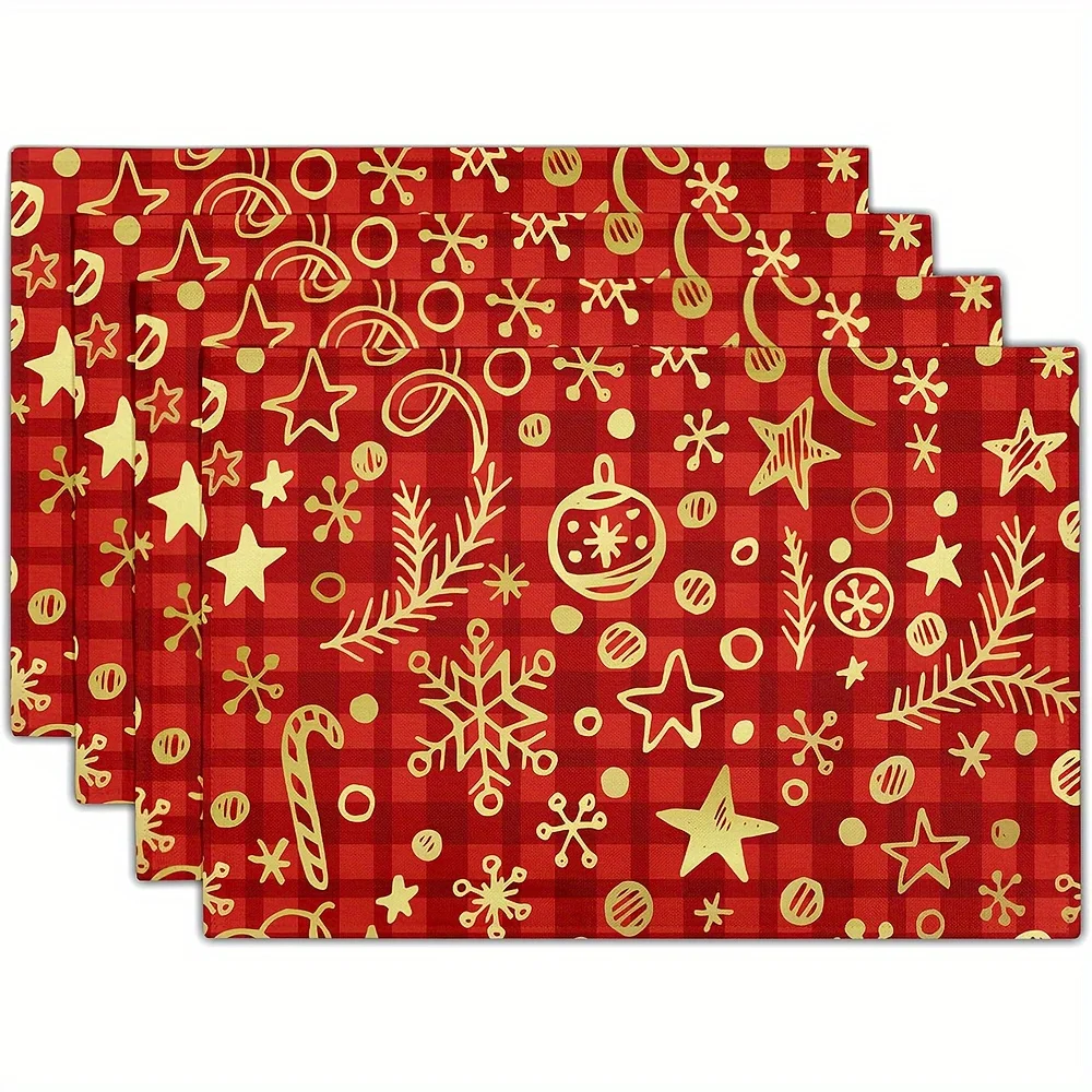 4pcs Christmas Jingle Bell Placemat Set of 4 Red Plaid Placemats for Dining Table Set Non-Slip Washable Table Place Mats Wrinkle