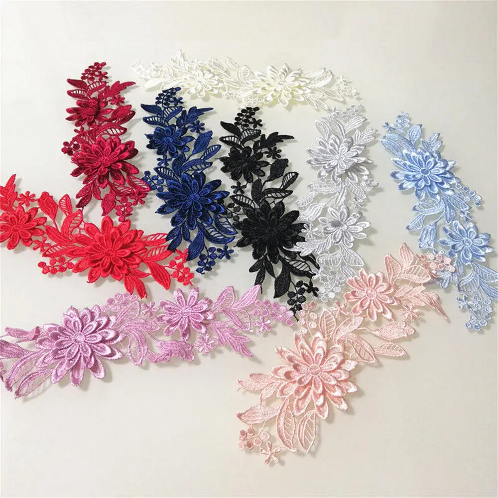 1Pair 3D Flower Floral Embroidery Applique Trim For Evening Skirt Clothes Lace Collar Decoration Patch Sewing On Accessories