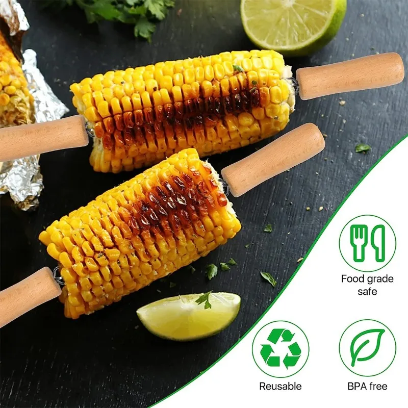1Pcs Corn Holders Stainless Steel Cob Skewers Fruit Forks Wooden Handle Outdoor BBQ Tools Picnic Cooking Tools grill accesories