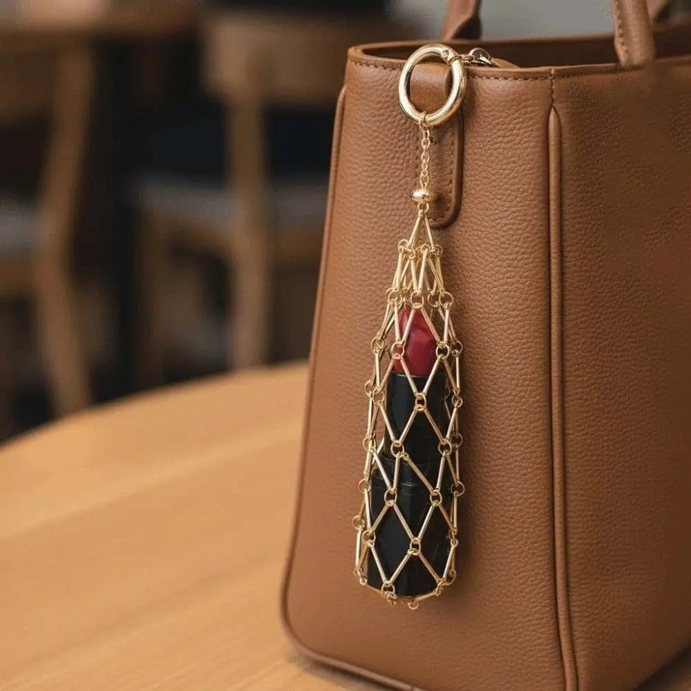 Vintage Portable Metal Net Lipstick Bag Mini Silver Mesh Bag Key Chain Y2K Universal Lipstick Cover Key Ring for Gift