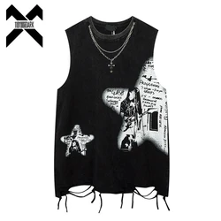 Hip Hop Fashion Tank Tops Men's Graffiti Printed Necklace Sleeveless T-Shirt Ripped Hole Harajuku Dancing Tops Streetwear