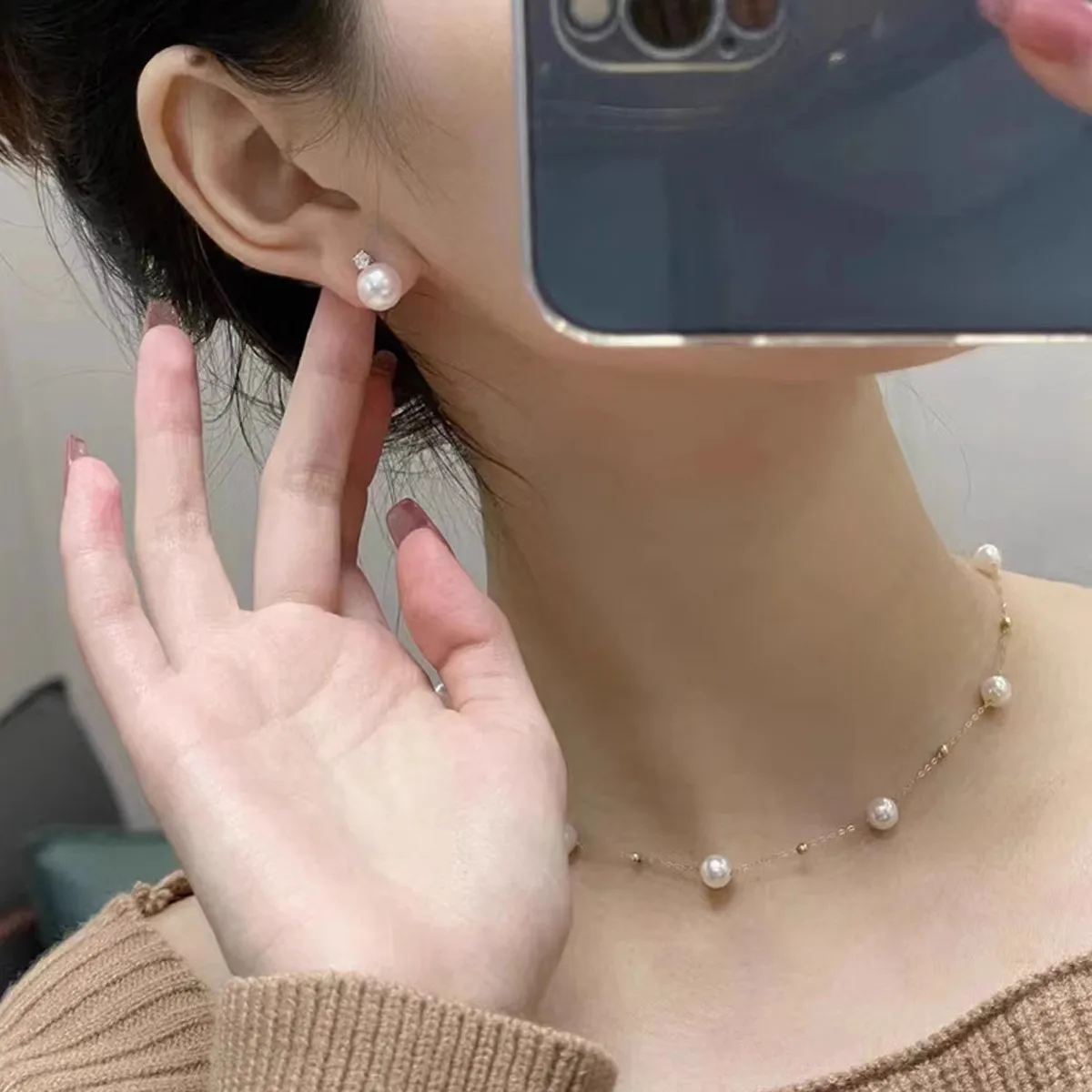 

Classic Natural Pearl AAAA9-10mm 10-11mm Japanese Round Pearl Earnail+Pendant Set 925s-18inch