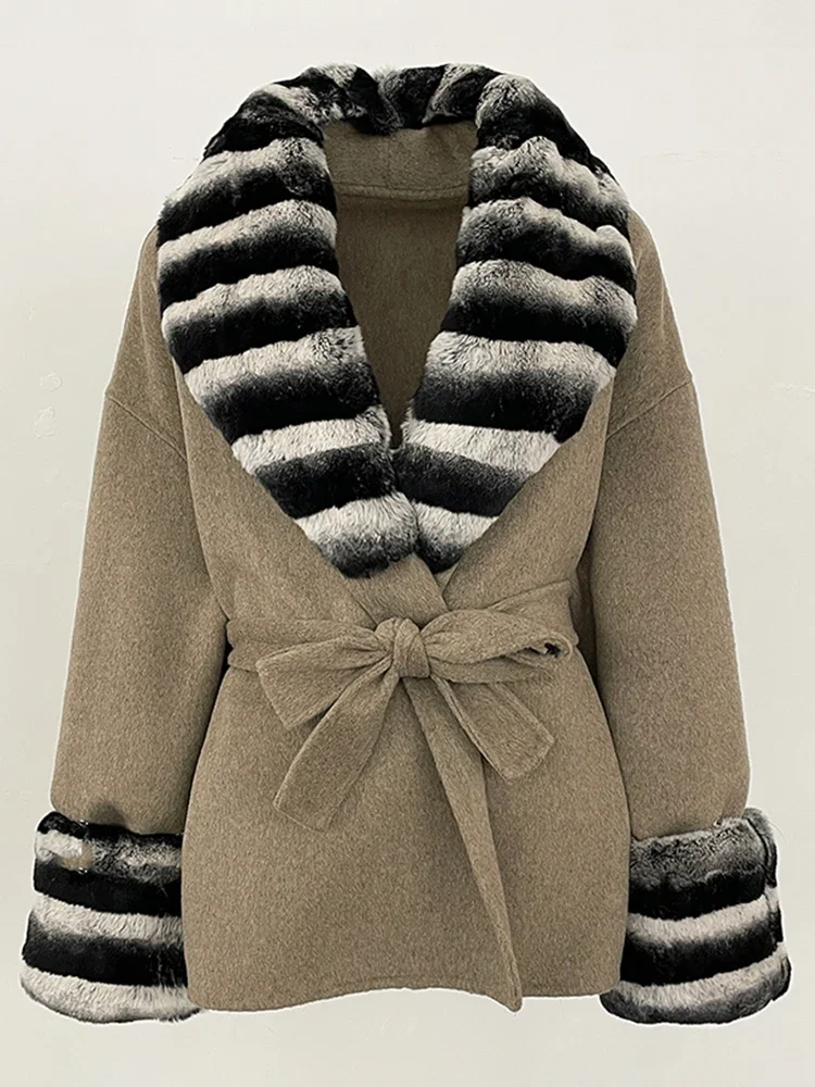 Femmes mode manchette courte manteau de fourrure col de fourrure laine vêtements d'extérieur2025 nouvelle veste de fourrure de lapin Rex naturel femme manteau de laine