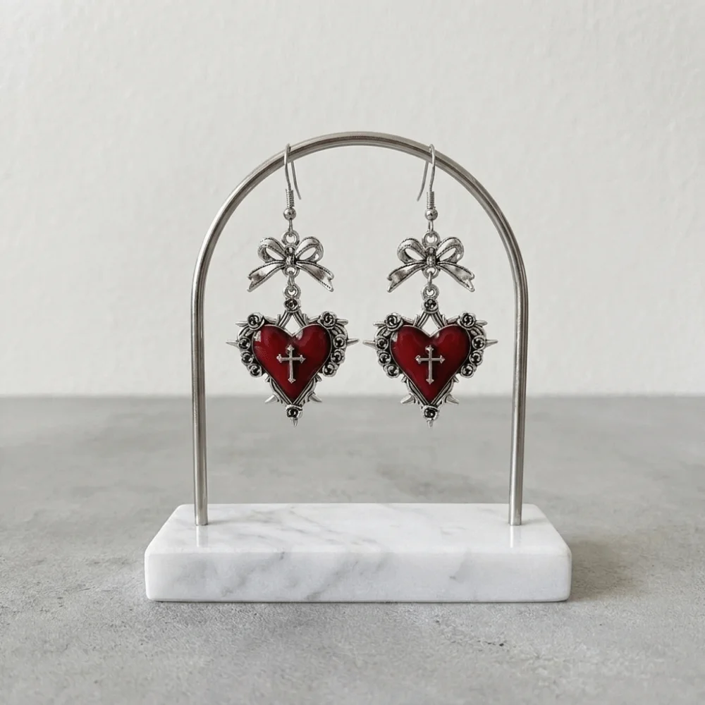 Red Enamel Thorn Rose Drop Earrings Silver Bow Heart Cross Earrings Exquisite Durable Halloween Dangle Earrings