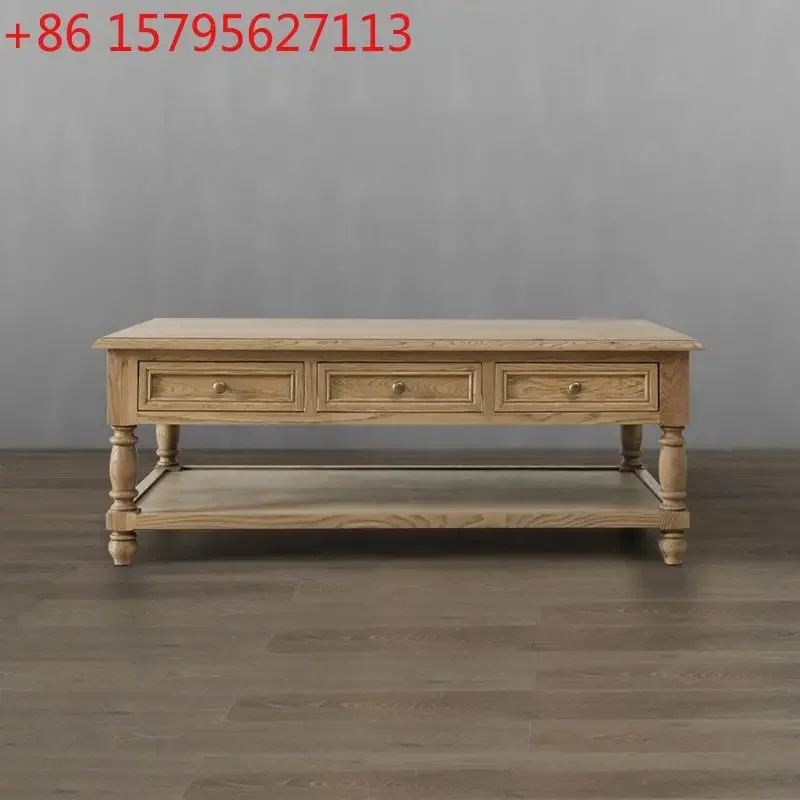 

American solid wood oak coffee table rectangular French retro double-layer coffee table simple small tea table household small