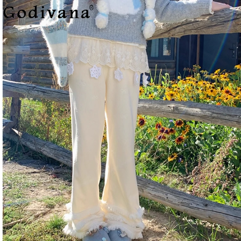 

Осенне-зимние кружевные бежевые свободные японские широкие брюки с милым бантом для отдыха, модные универсальные возрастные брюки принцессы для девочек