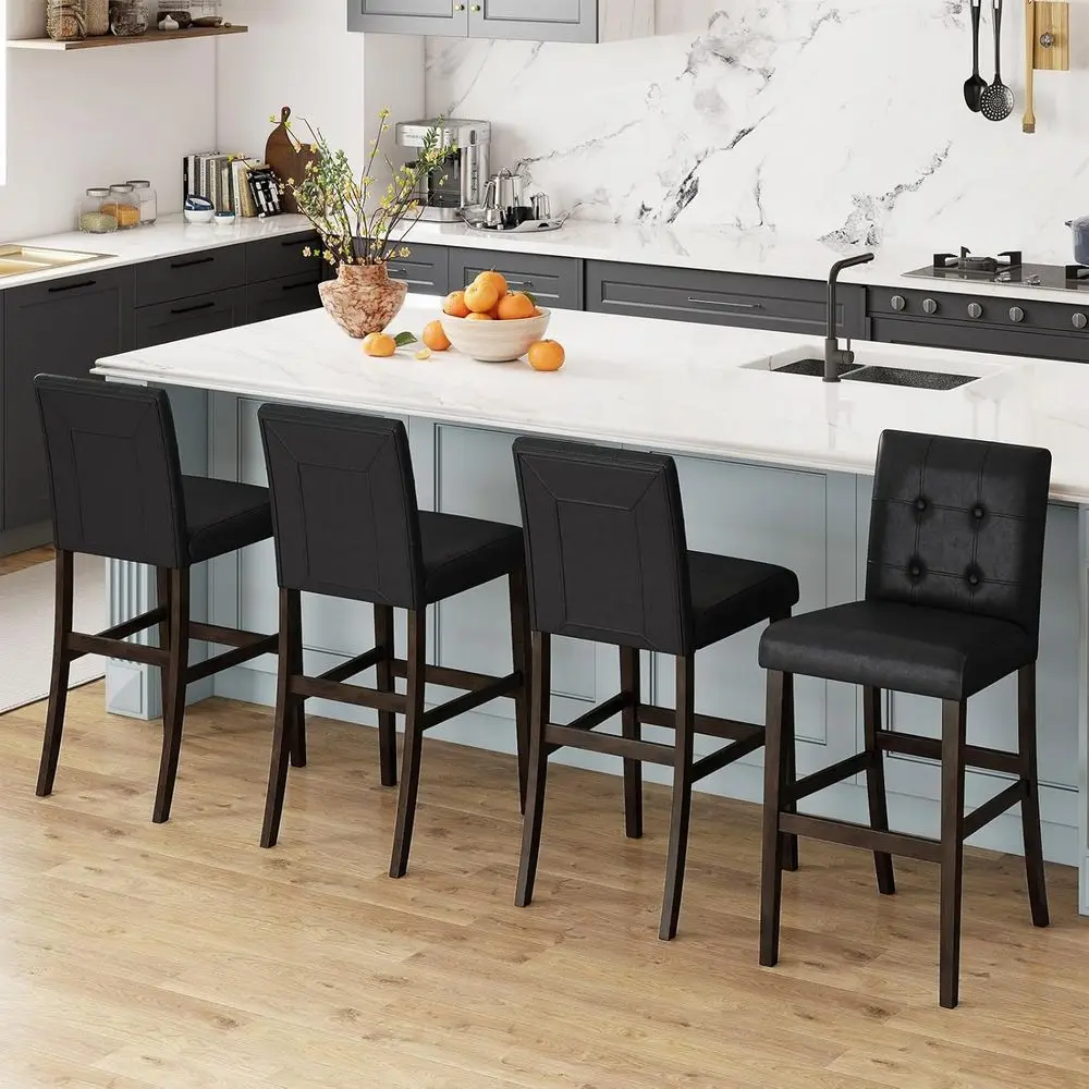 4 Bar Stools, 26 Upholstered Backrest, Button-Tufted Chairs, PVC Leather Counter Height, Solid Wood Leg Bistro Side Chairs, Blac