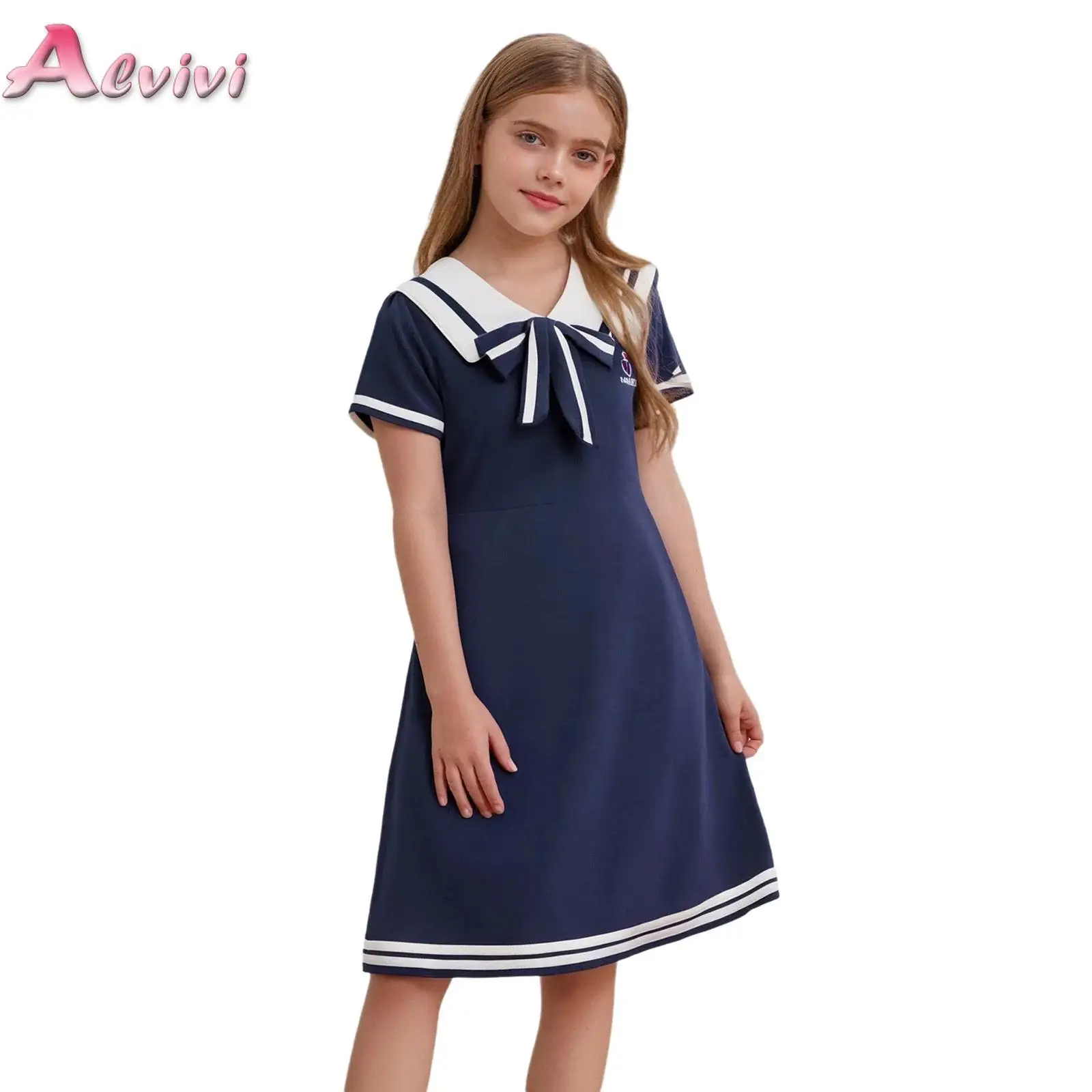 

Kids Girls School Uniform Bowknot Sailor Collar Short Sleeves Striped Hem Contrast Color Dress for Casual Holiday Photography