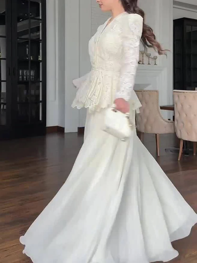 Robe de soirée en dentelle blanche brodée pour femmes, manches longues, Sexy, Slim, élégante, taille haute, à volants, robe de Banquet