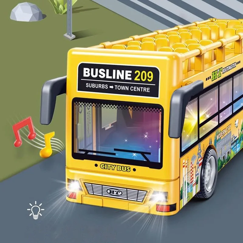 Nuovo modello di autobus turistico a due piani Simulazione di inerzia Può aprire la porta Musica leggera Modello di auto pubblica Regalo di compleanno per bambini