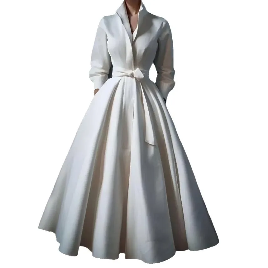 French Long Dress Temperament V-neck Long Sleeved Evening Dress Customized Retro Daily Simple Solid Color Banquet Dress