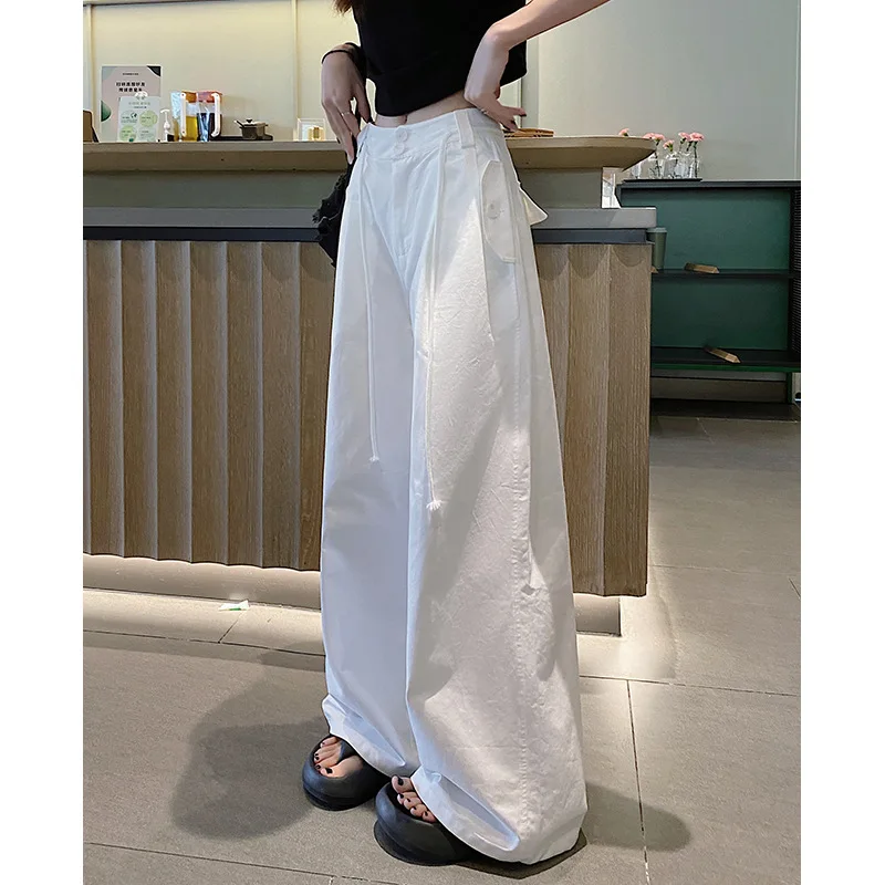 وزرة بيضاء 2025 سروال نسائي خريفي رفيع وصغير وفضفاض واسع الساق