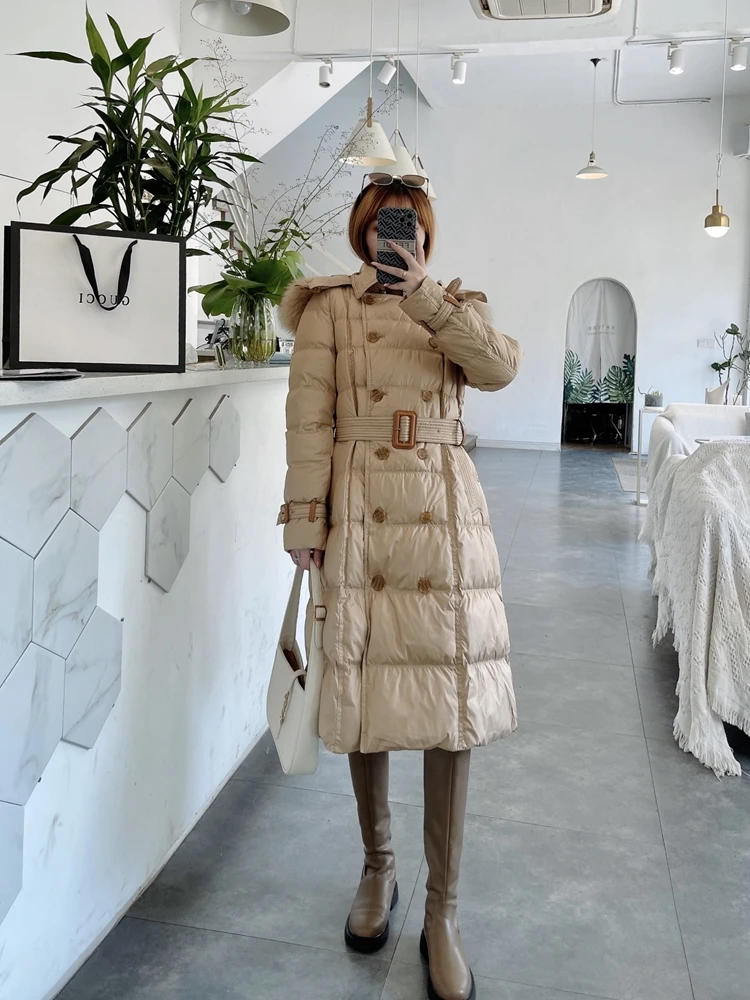2023 Winter Women Thicken Trench Coat Real Raccoon Fur 90% White Duck Down Jacket Female Long Hooded Puffer Parka Belt