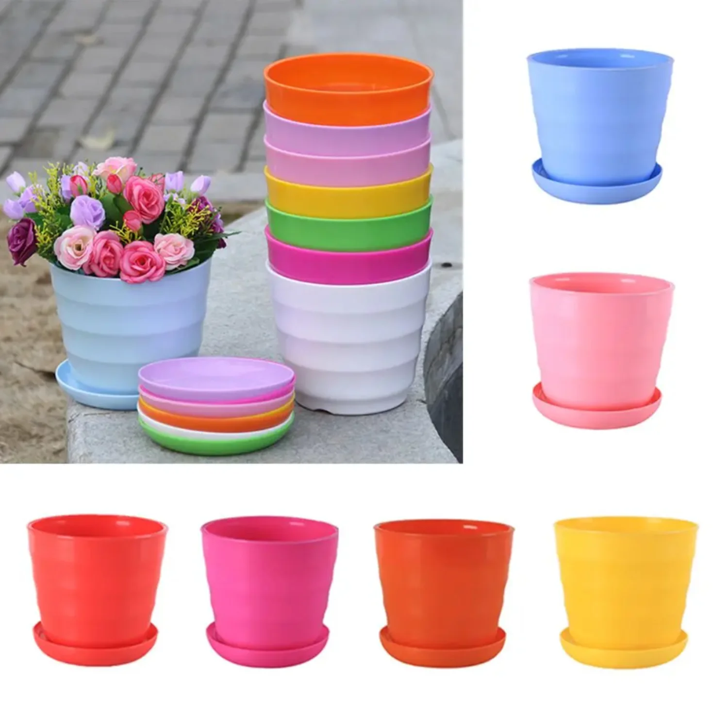 Colorful Garden Succulent Plant Flowerpot Mini Plastic Flower Pot With Trays  Office Decor Horizontal