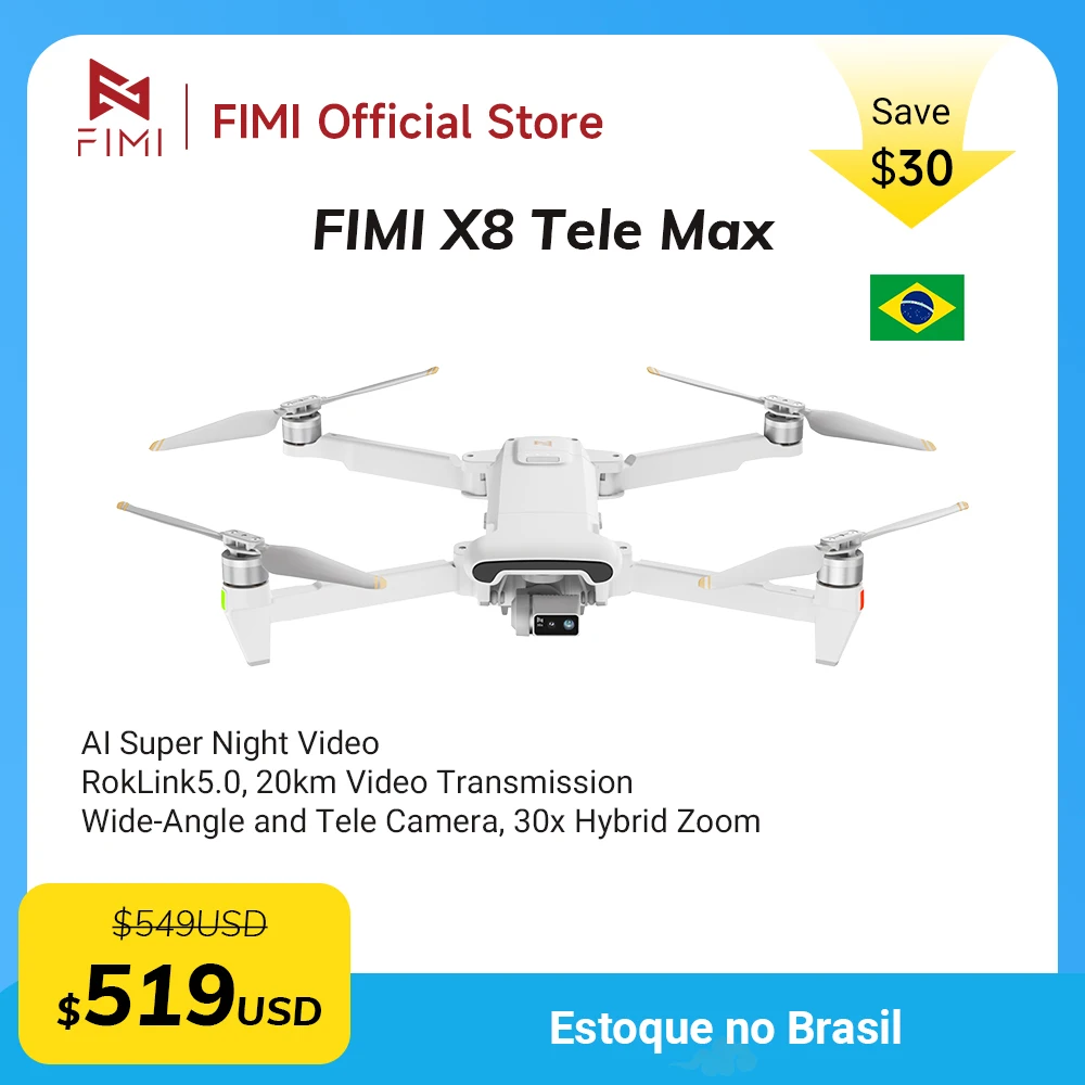 FIMI X8 Tele Max drone com grande angular e tele câmera 30x Zoom híbrido 4K 60fps 20KM gama de 3 eixos Gimbal GPS AI Super Night