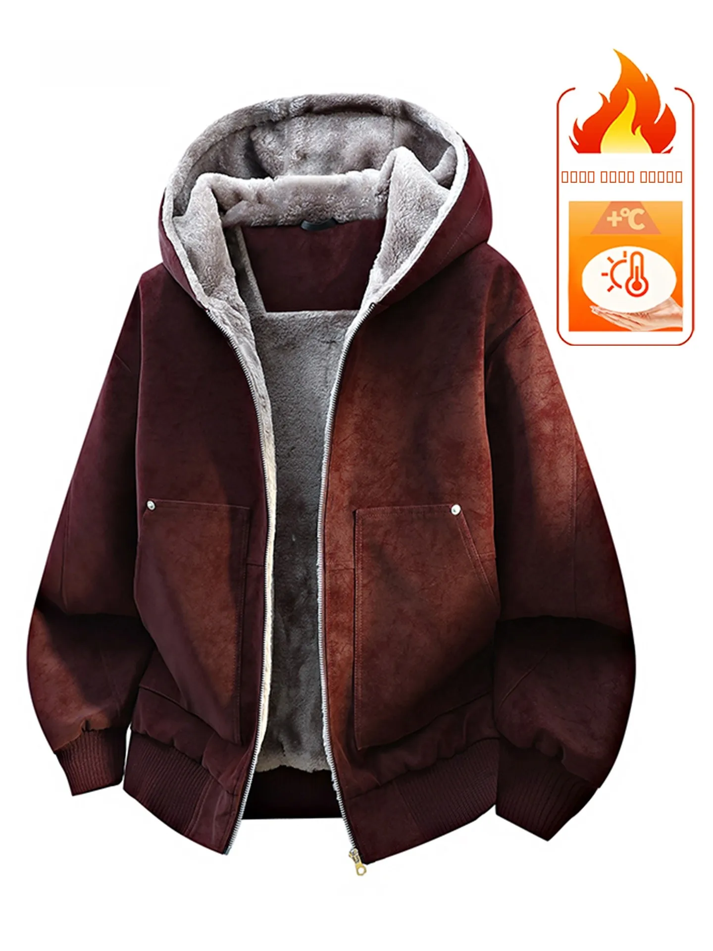 

GLM American Sle Men's Red Fce Lined Hooded Jaet Thiened Spring Outerwear PU Leather Biker Coat Warm Youthful