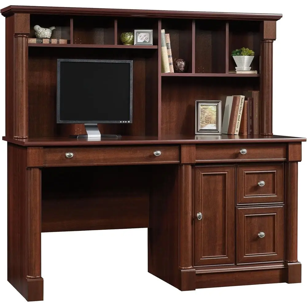 

Large Storage Computer Desk with Hutch, Cherry Finish, Home Office Desk
