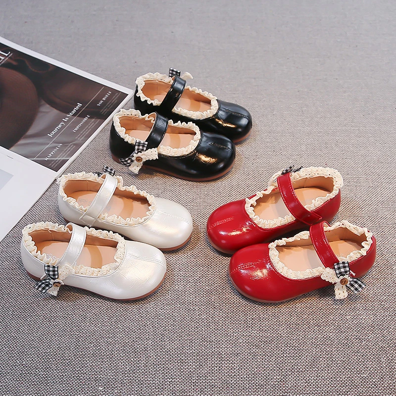 JGSHOWKITO Kids Dance Shoes Sweet Lace Girls Leather Shoes Round Toes Soft Bottom 2026 New Children Princess Shoes Non-slip