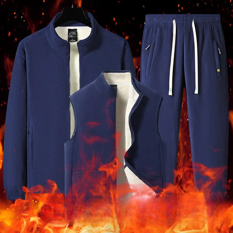 Three-Pieces Lamb Cashmere Set Men Warm Fashion Lamb Wool Sets Winter Plus Velvet Thick Tracksuits Men's Set Hoodies+Vests+Pants
