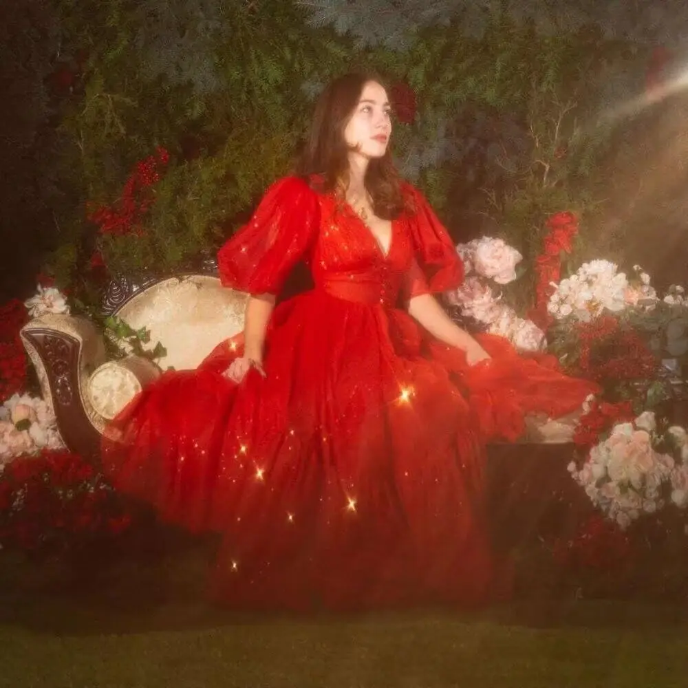 Robe de bal en Tulle étoilé scintillant pour femmes, manches bouffantes, longue fente, robe de soirée formelle avec poches