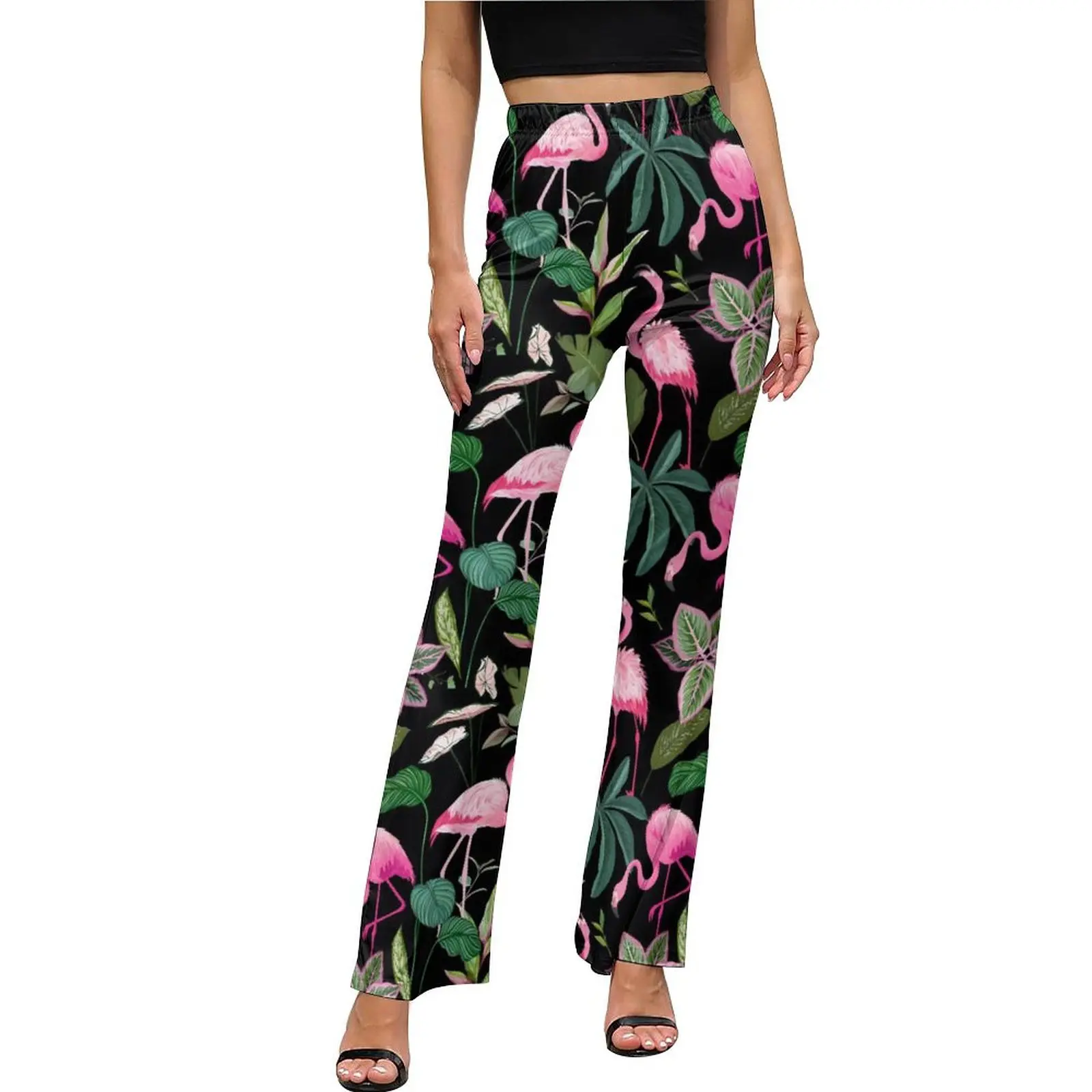 

Tropical Bird Casual Pants Autumn Pink Flamingo Night Club Design Flared Trousers Elastic High Waist Stretch Street Style Pants