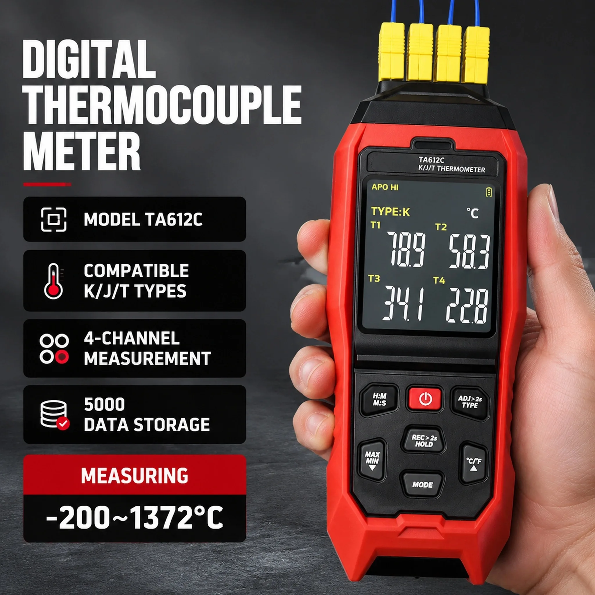 4-Channel K/J Digital Thermocouple Thermometer Temperature Tester Data Logger Alarm Probe Calibration C/F Calibration Tool
