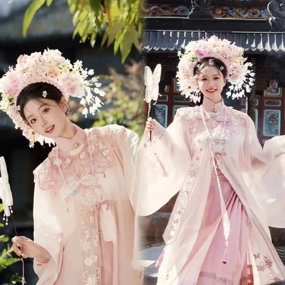 

Новое розовое ханьфу для женщин: традиционный китайский костюм эпохи династии Мин с вышивкой, воротником-стойкой и юбкой-«лошадиным лицом»
