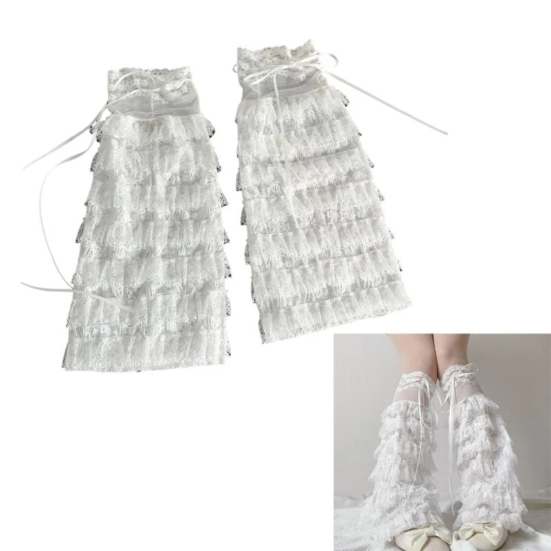 

N1HE Women Elegant Ruffle Lace Leg Sleeve Drawstring Leg Warmers for Party and Casual