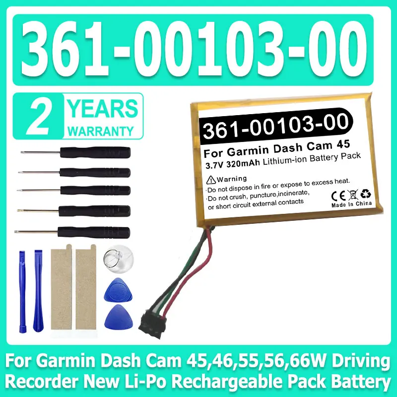

Replacement Battery 361-00103-00 For Garmin Dash Cam 45,46,55,56,66W Driving recorder New Li-Po Rechargeable Pack Batteries+Tool