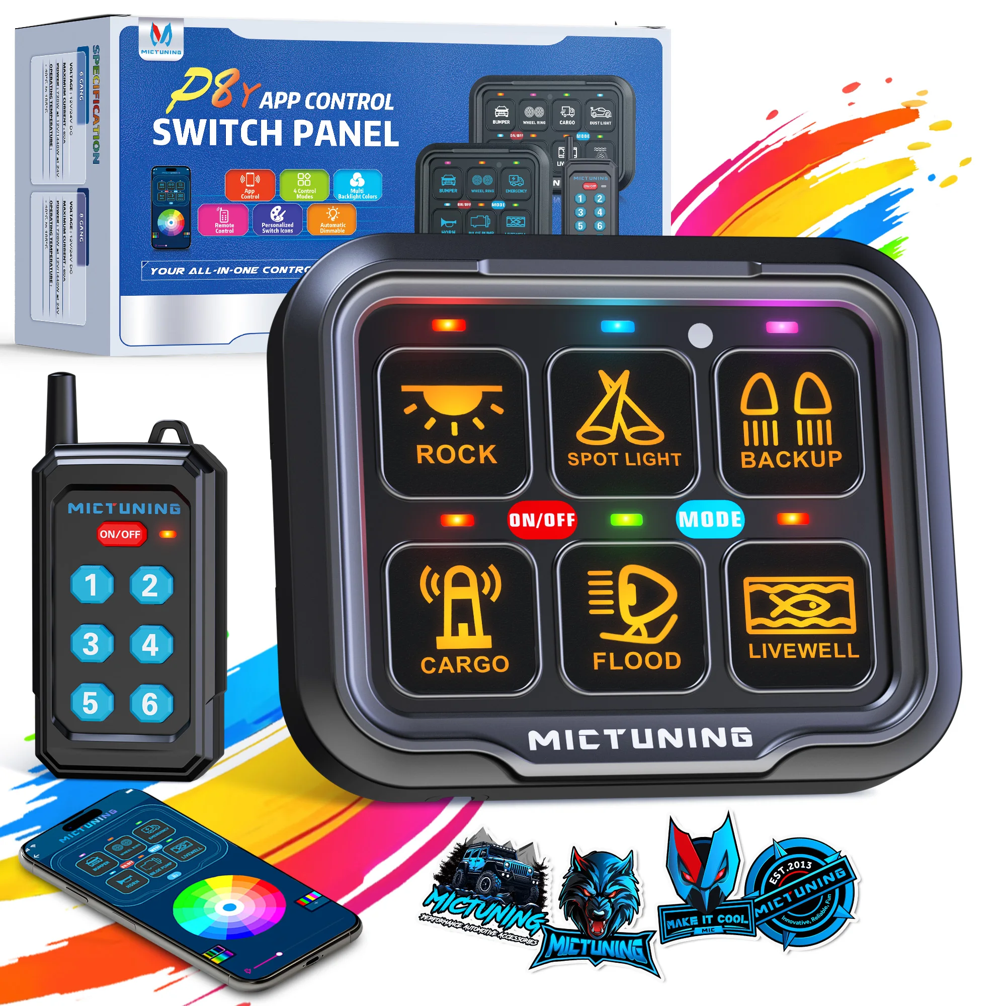 

MICTUNING P8Y Ultra Switch Panel 6 Gang Wireless App & 230FT Remote Control, Auto Dimmable RGB Colors Circuit Box Toggle Switch