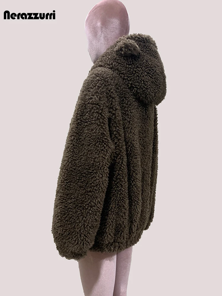 

Mauroicardi Autumn Winter Brown Warm Soft Faux Fur Coat Hoodie with Bear Ears Sweet Cute Luxury Designer Clothes Fluffy Jacket