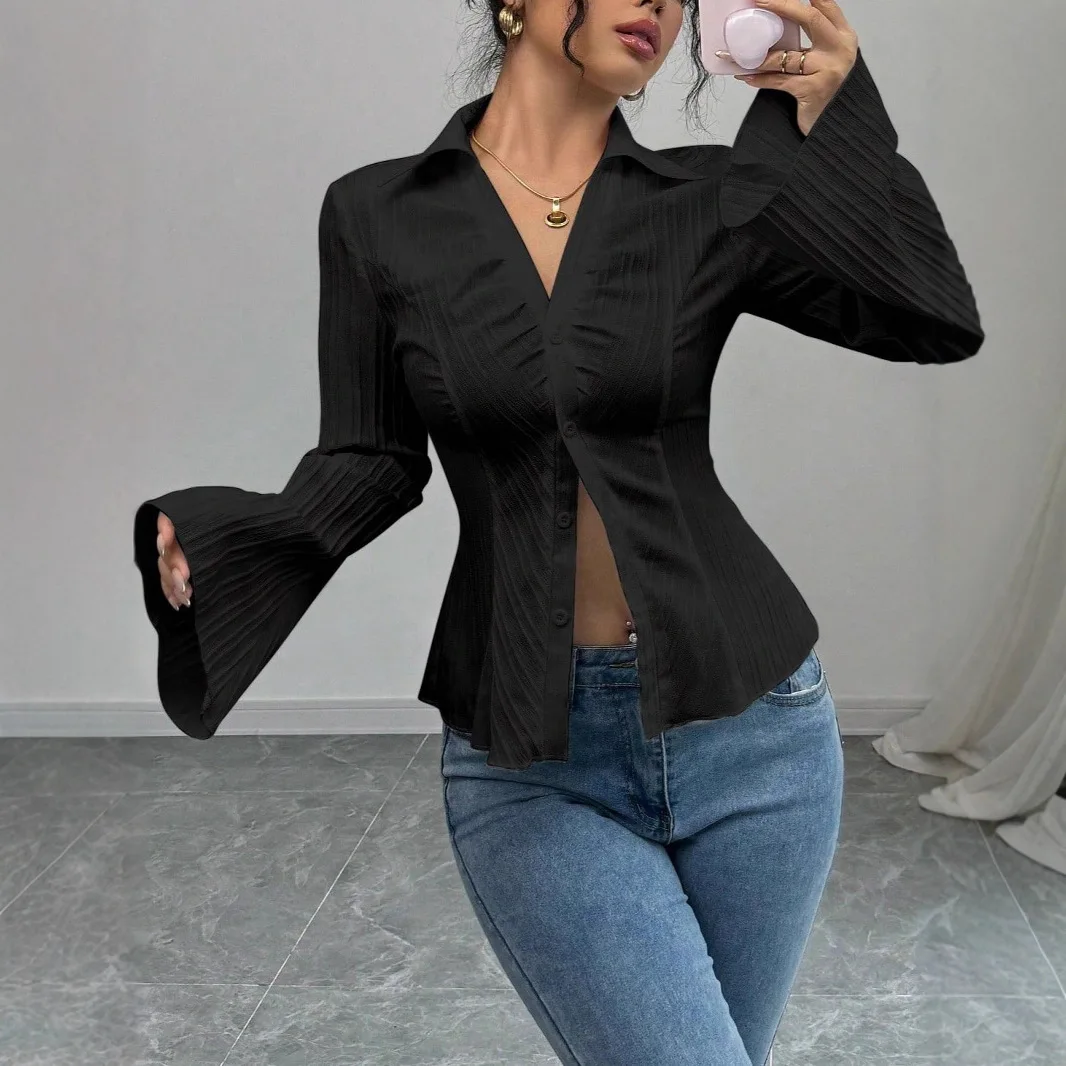 

Elegant Flare Sleeve Slim Shirt Women 2025 Fall Winter Black Turn-down Collar Shirts & Blouses Casual Blouse Tops