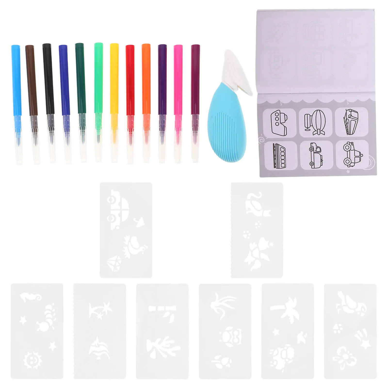 1Set Kids Airbrush Marker Kit 12 Vivid Washable Watercolor Spray Pens Stencil Templates DIY Art Projects Portable Handheld