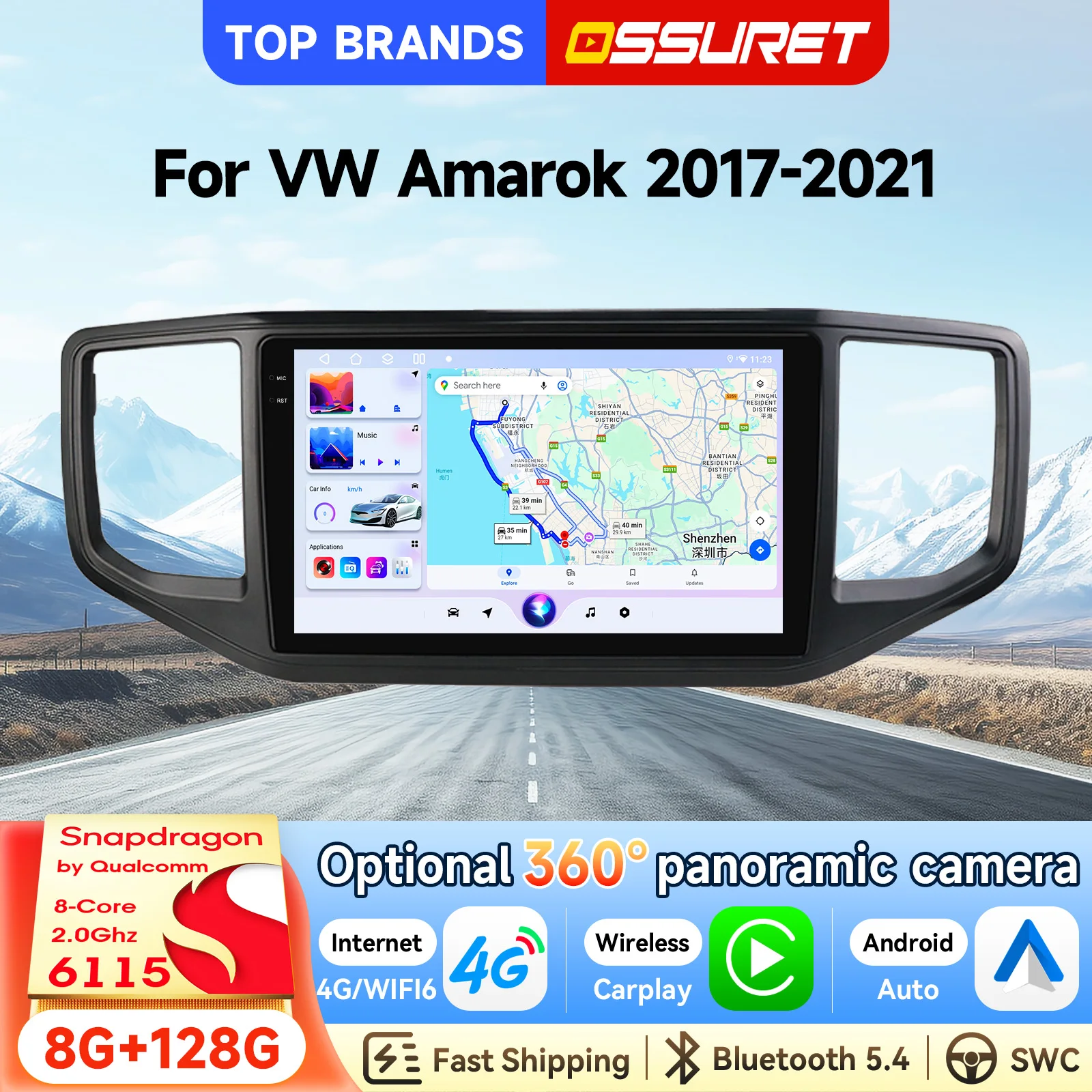 OSSURET Consegna Rapida 9 Pollici 2 Din Android 15 Octa Core 6115 Autoradio per VW Amarok 2017-2021 Unità Principale Carplay Wireless Android Auto Autoradio RDS DSP FM Audio 360 ° Sistema